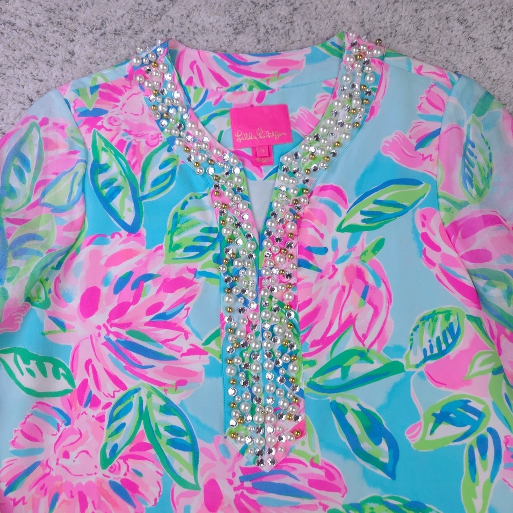 Lily Pulitzer Dress Size Small Elenora Silk Bell Sleeve Beaded Floral Pink Blue - Picture 3 of 9